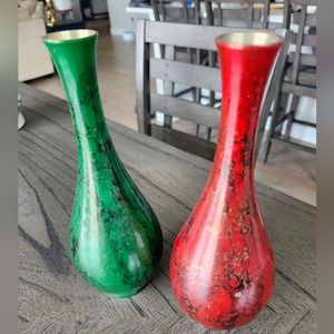 PAIR -- Metal Bud Vases Red & Green with gold flakes